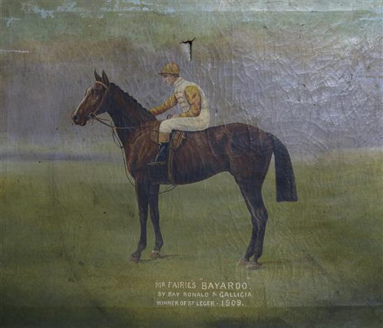 Macksey & Goard, oil on canvas, Portrait of the 1909 St Leger winner, Mr Fairies Bayardo, signed and dated 1910, 43 x 54cm, unframed
